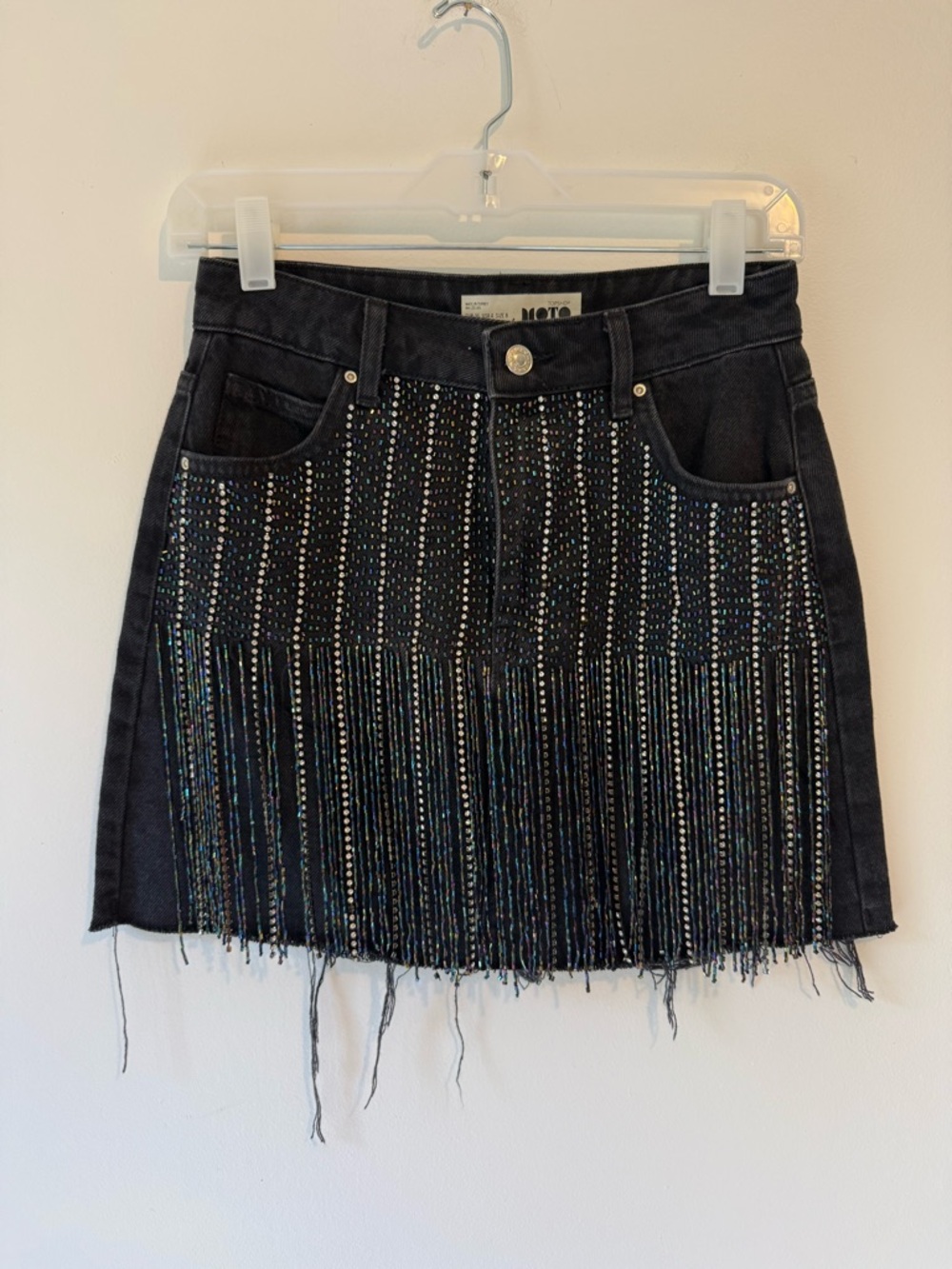 Topshop Moto Black Denim Beaded Fringe Mini Skirt Size US 4 UK 8